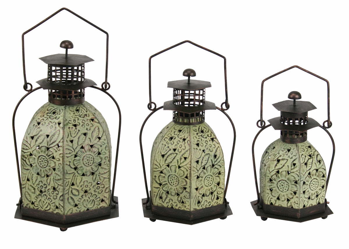 S/3 Green Candle Lanterns L426