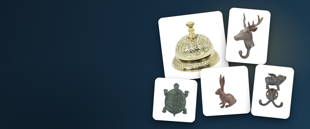 Upper Deck best sellers: Victorian desk bell, deer hook, turtle stepping stone, rabbit, flying pig hook